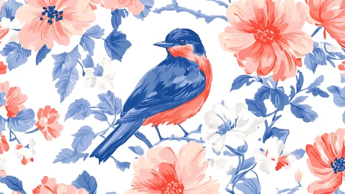 Blue and Coral Songbird with Floral Pattern in Watercolor Style.