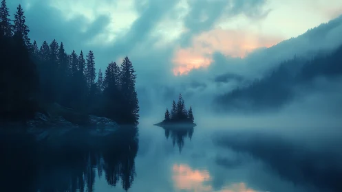 Mist-laden alpine lake with conifer islet at blue-hour sunrise