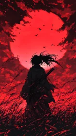 Silhouetted swordsman stands in field under massive red sun