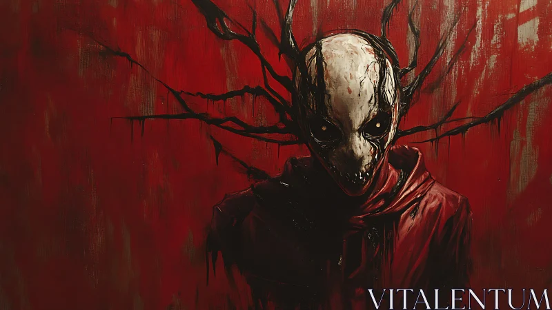 Sinister hooded figure with white mask on blood red wall