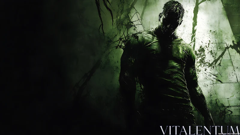 Silhouetted humanoid figure stands in grungy green environment