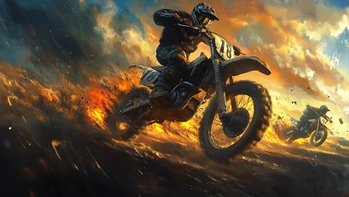 Flaming dirt riders carve molten streaks through stormy dusk