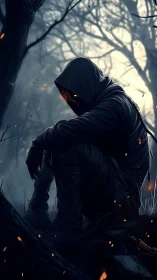 Hooded ember-souled wanderer brooding in the ashwood dusk.