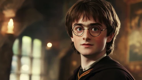 Young robed boy with round glasses in soft interior light.