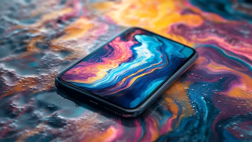 Liquid neon smartphone dreaming in molten color tides.