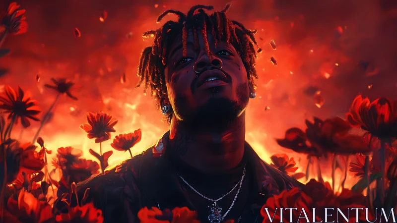 Digital portrait of man in blazing red flower field.