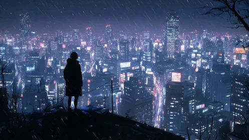 Solitary figure overlooking neon rain city skyline at night.