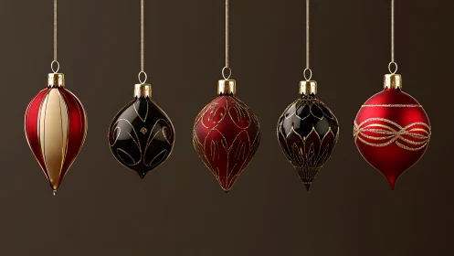 Elegant red and black Christmas baubles glow on rich backdrop