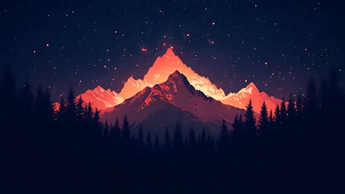 Crimson alpine peaks glow under star-drenched midnight sky.