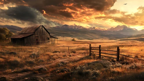 Cinematic sunset over rustic barn and fenced prairie valley landscape