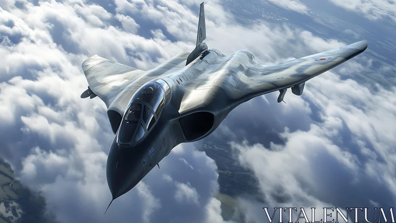 Cold War delta-wing bomber slicing through sunlit clouds.