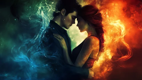 Digital portrait depicting two figures silhouetted against elemental particle effects