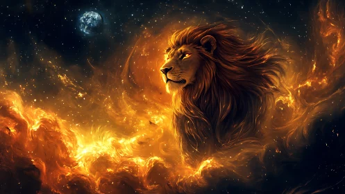 Lion-shaped fiery nebula forms against star-filled deep space