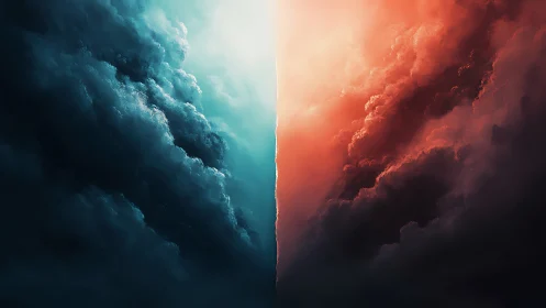 Bilateral storm clouds divide teal shadow and red glow.