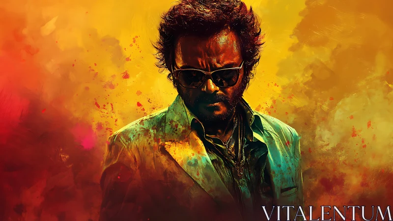 Brooding sunglasses hero emerges from fiery painted haze