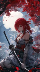 Red haired swordswoman kneels under full moon and red trees