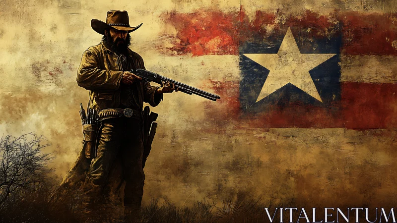 Weathered cowboy standing proud before a bold lone star flag.