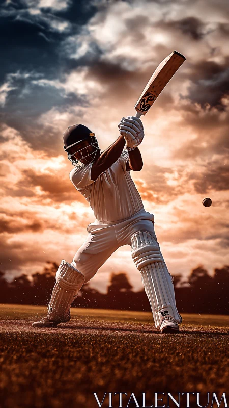 Cricket batsman drives ball under dramatic sunset sky