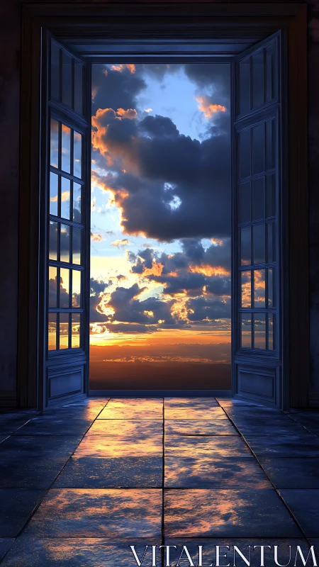 Doorway of molten skylight and cloud-draped horizons.