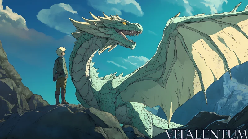 Young adventurer studying large dragon on rocky ridge.