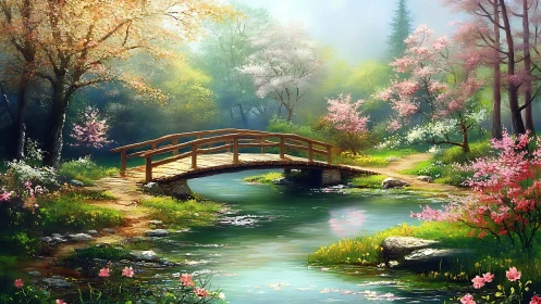 Wooden bridge spans spring river under soft morning light