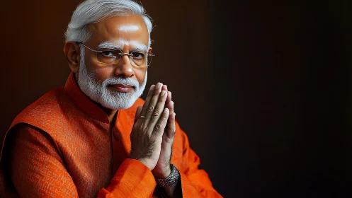 Elderly man in orange traditional attire with folded hands.