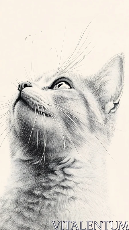 Pencil Sketch of Cat's Face Gazing Upward