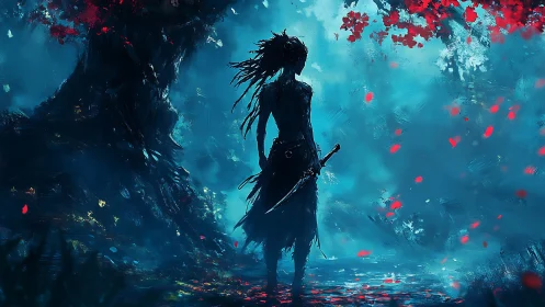 Silhouetted bladebearer in bioluminescent crimson grove.