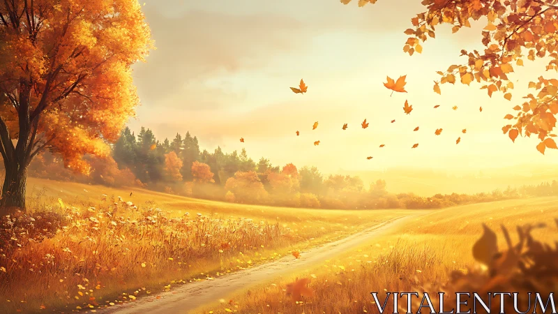 Autumn field landscape with distant forest and dirt path.