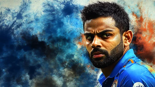 Intense cricketer portrait against abstract blue splatter field.
