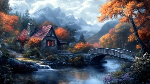 Autumn spell over riverside cottage and stone bridge dreamscape.