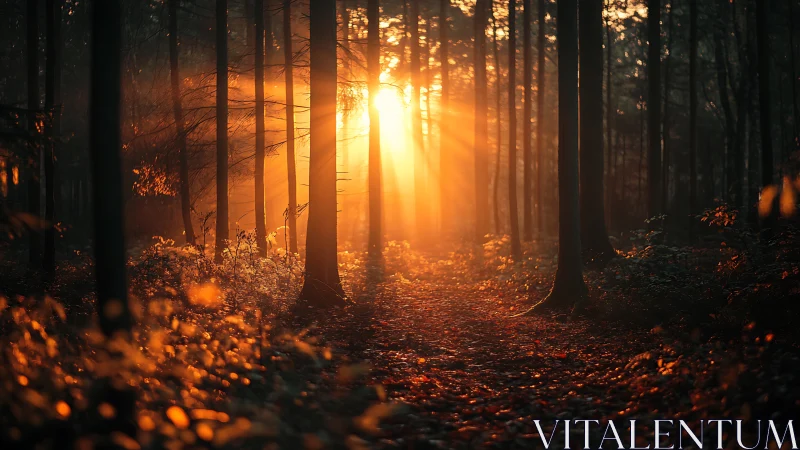 Low sun casting linear rays through dense forest corridor.