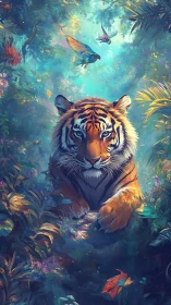 Tiger lounges like jungle royalty in a teal-dream canopy