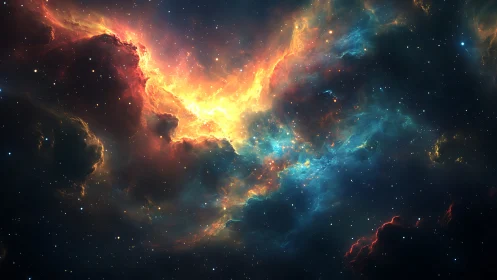 Colorful interstellar nebula with dense clouds and stars.