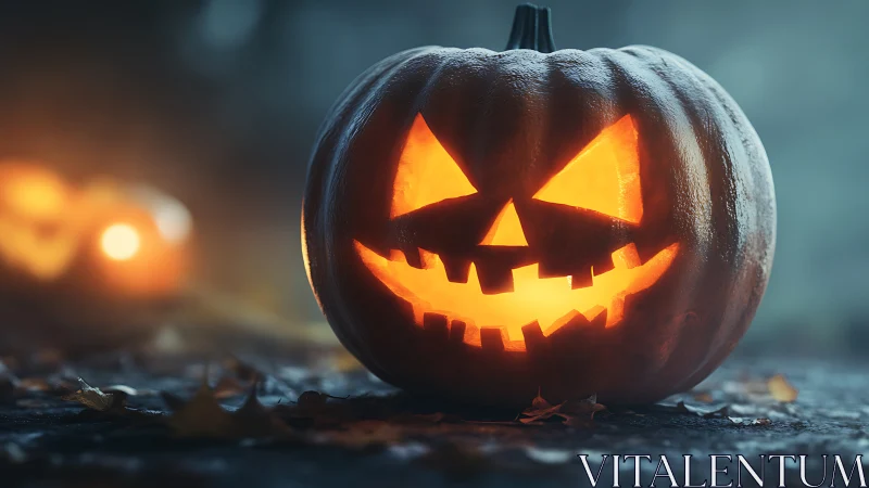 Photorealistic jack-o-lantern with moody shallow-depth lighting.