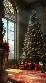 Victorian parlor Christmas tree with gifts and ornate window
