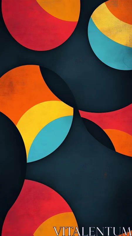 Geometric color arcs intersect over textured midnight ground.