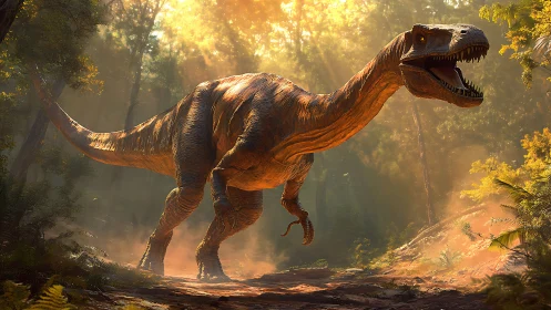 Sunlit dinosaur stroll through a golden prehistoric forest.