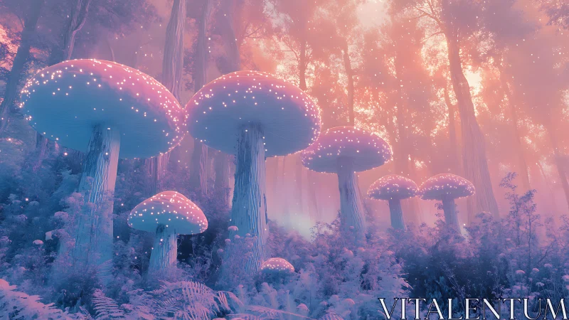 Bioluminescent mushrooms glow through pastel dream forest.