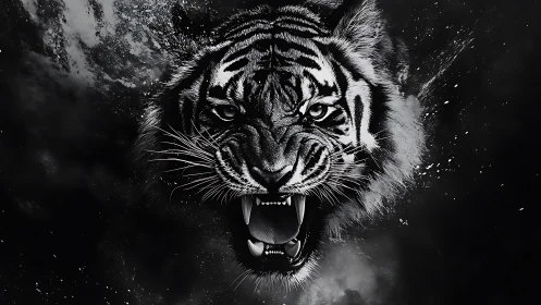 Roaring tiger head in dark monochrome digital artwork.