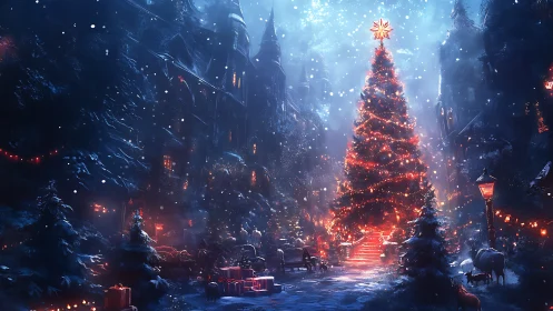 Central illuminated Christmas tree in snowy urban square at night