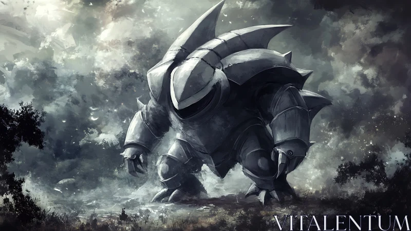 Armored titan strides through desaturated storm landscape