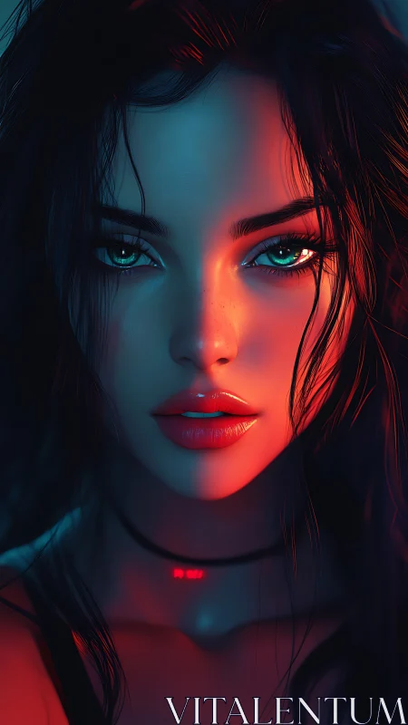 Neon siren gazes through electric dusk with ember eyes.