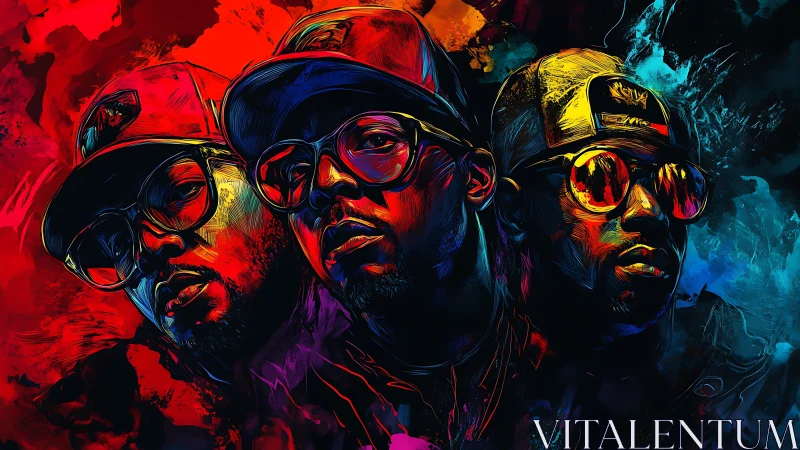 Triadic hip-hop portraits in neon chromatic digital brushwork.