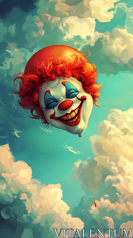 Clown balloon head floats among bright towering clouds