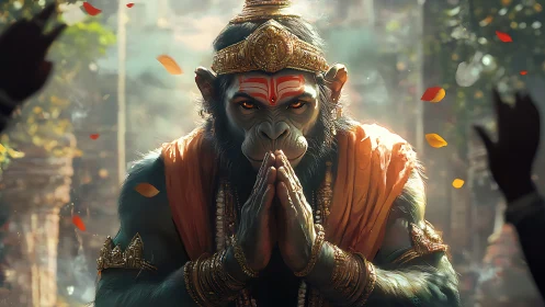 Divine monkey warrior in prayer pose with golden crown.