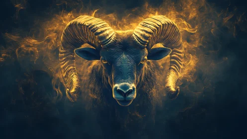 Infernal ram portrait crowned in swirling golden firestorm.