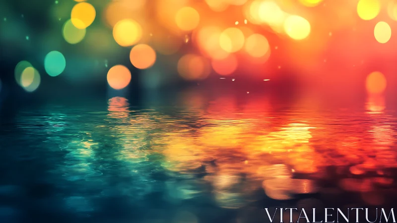 Luminous bokeh lagoon where neon ripples kiss twilight skies.