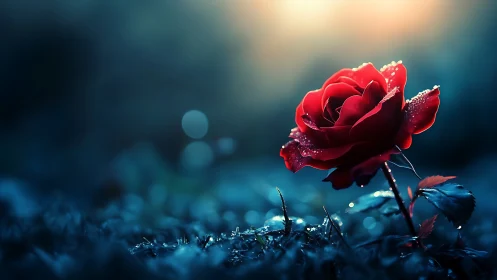 Red Rose Against Blue Twilight with Dewdrops.