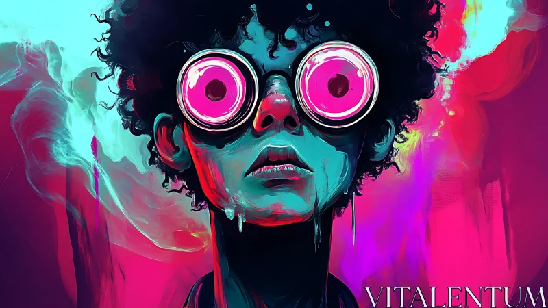 Neon surreal portrait with oversized optical discs and drips.